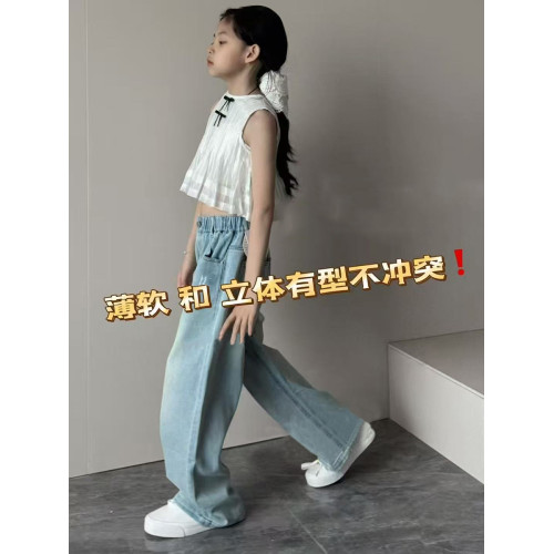 波拉韓女童褲子夏季兒童薄款牛仔褲2025中大童直筒褲柔軟休閒長褲
