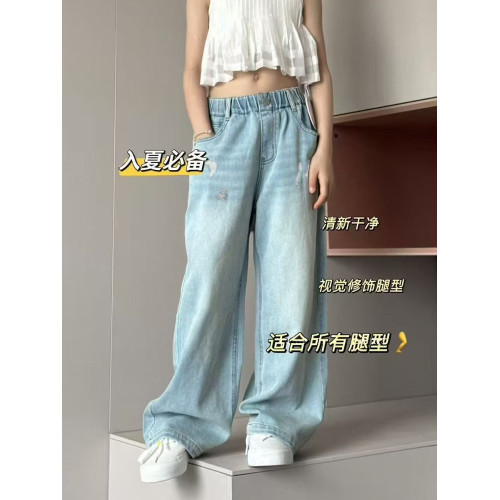 波拉韓女童褲子夏季兒童薄款牛仔褲2025中大童直筒褲柔軟休閒長褲