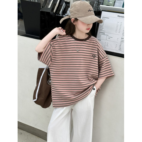 女童短袖T恤夏季條紋純棉2025新款兒童女孩中大童洋氣上衣半袖薄t