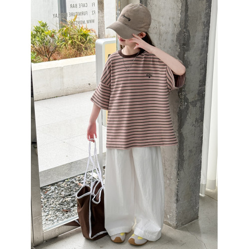 女童短袖T恤夏季條紋純棉2025新款兒童女孩中大童洋氣上衣半袖薄t