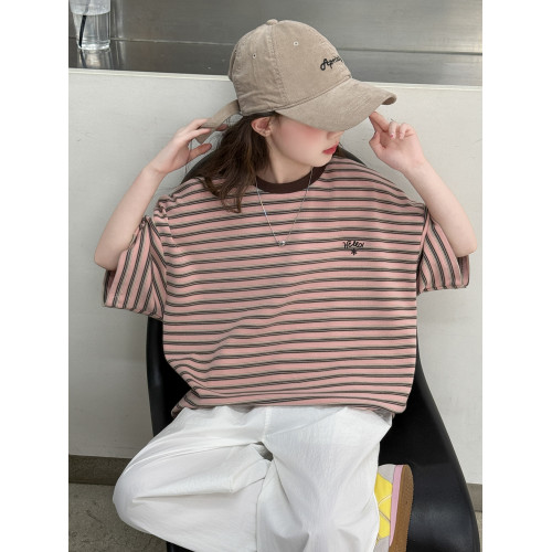 女童短袖T恤夏季條紋純棉2025新款兒童女孩中大童洋氣上衣半袖薄t