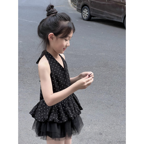 吉小可2025夏季新款女童掛脖上衣中大童波點吊帶港風復古紗裙套裝