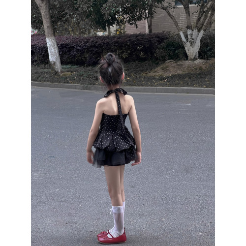 吉小可2025夏季新款女童掛脖上衣中大童波點吊帶港風復古紗裙套裝