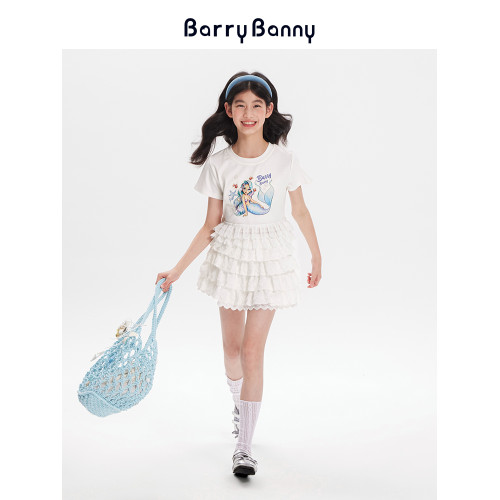 BarryBanny女童花邊蛋糕半身裙2025夏季新款兒童A字蓬蓬白色短裙