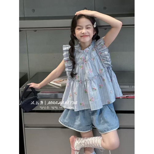 波拉韓女童法式襯衫夏季2025新款小女孩娃娃衫中大童甜美短袖小衫
