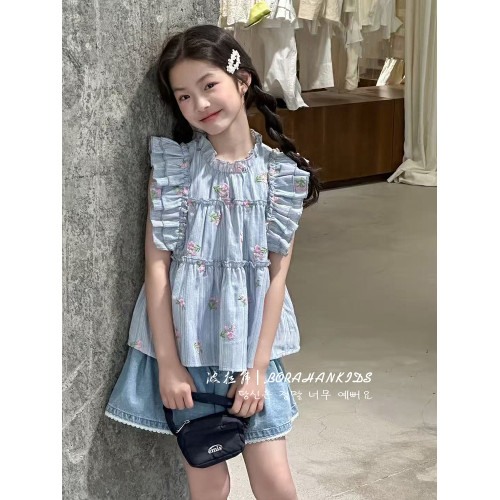 波拉韓女童法式襯衫夏季2025新款小女孩娃娃衫中大童甜美短袖小衫