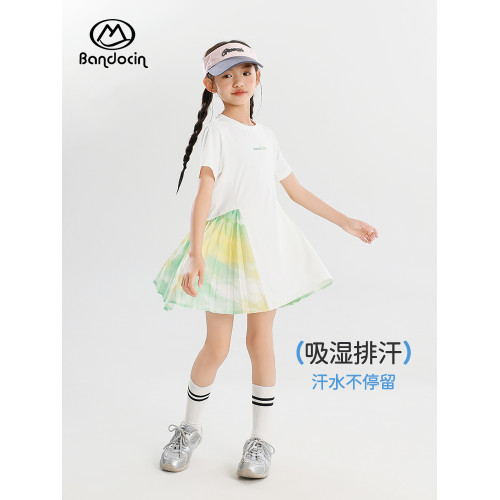 半度閒女童夏裝運動裙子2025新款兒童短袖連衣裙夏季女孩涼感長裙