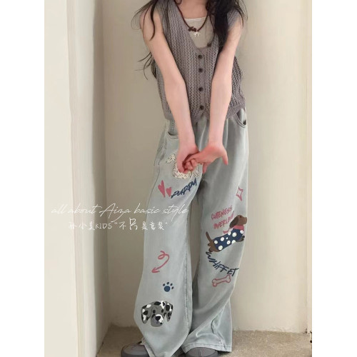 超薄天絲垂感手繪塗鴉女童牛仔褲春夏裝兒童褲子新款2025直筒褲潮