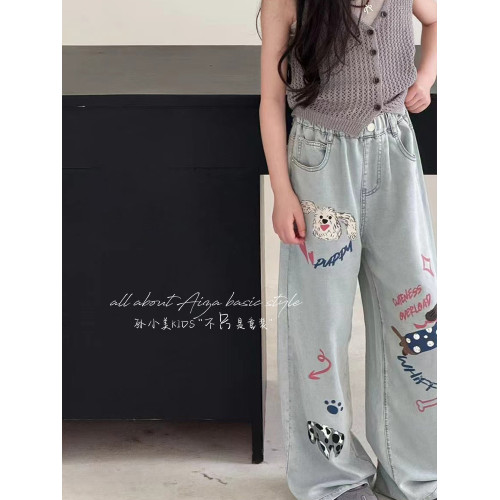 超薄天絲垂感手繪塗鴉女童牛仔褲春夏裝兒童褲子新款2025直筒褲潮