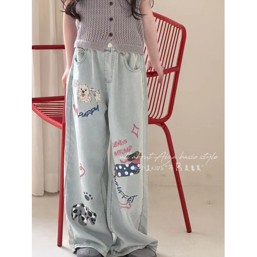 超薄天絲垂感手繪塗鴉女童牛仔褲春夏裝兒童褲子新款2025直筒褲潮