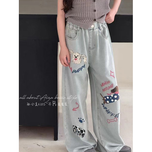 超薄天絲垂感手繪塗鴉女童牛仔褲春夏裝兒童褲子新款2025直筒褲潮