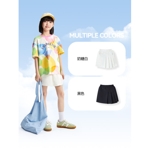 安奈兒童裝女童百褶半身裙褲2025夏新款休閒甜美時尚黑色短裙褲