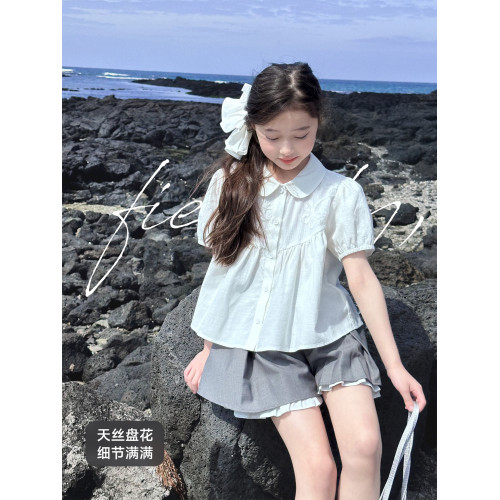 【白山茶】藍小爸童裝女童法式綉花娃娃衫夏新款兒童洋氣短袖襯衣