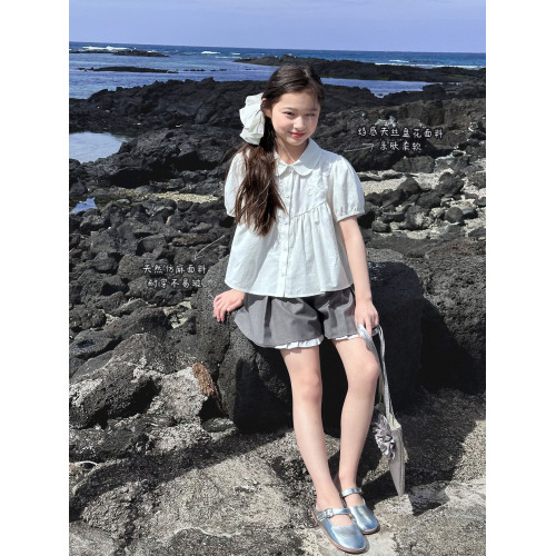 【白山茶】藍小爸童裝女童法式綉花娃娃衫夏新款兒童洋氣短袖襯衣
