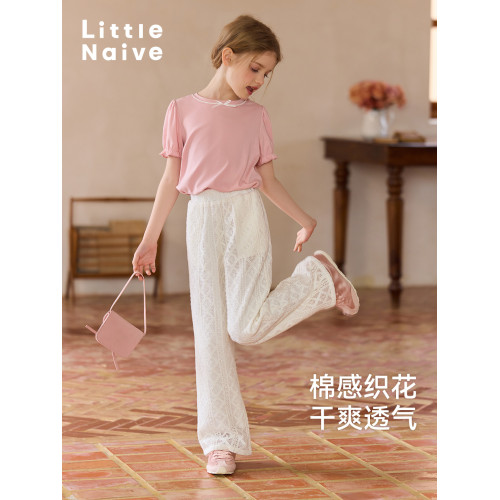 Little Naive女童休閒褲夏季慵懶復古鏤空褲子兒童窄版直筒褲法式