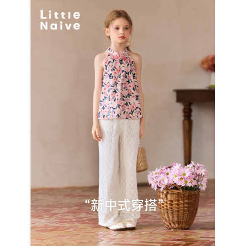 Little Naive女童休閒褲夏季慵懶復古鏤空褲子兒童窄版直筒褲法式