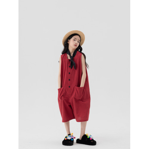 Pawpaw Liu原創設計女童褲子夏2025新款兒童紅色條紋大兜連體褲潮