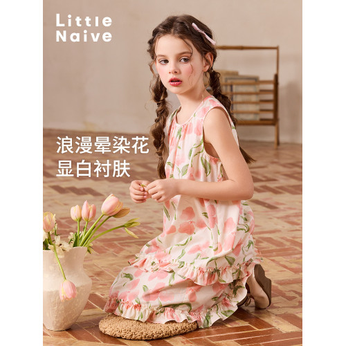 Little Naive女童A字連衣裙夏季純棉背心裙兒童荷葉邊浪漫碎花裙