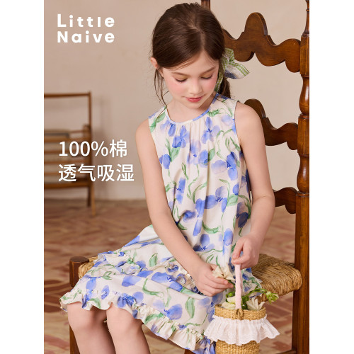 Little Naive女童A字連衣裙夏季純棉背心裙兒童荷葉邊浪漫碎花裙