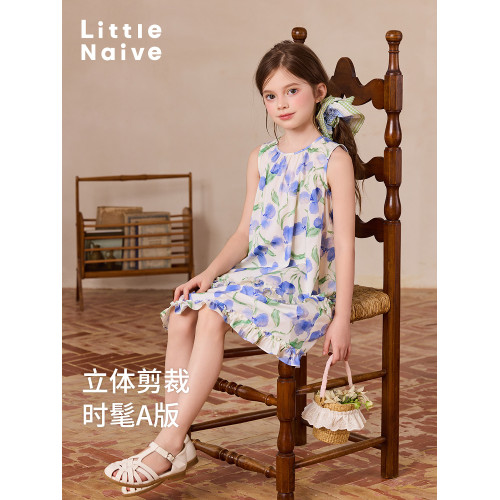 Little Naive女童A字連衣裙夏季純棉背心裙兒童荷葉邊浪漫碎花裙