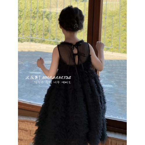 波拉韓女童公主裙2025春夏小女孩蕾絲連衣裙兒童背心禮服蛋糕裙