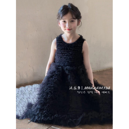 波拉韓女童公主裙2025春夏小女孩蕾絲連衣裙兒童背心禮服蛋糕裙