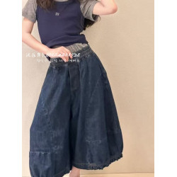 波拉韓女童夏季牛仔褲2025新款兒童薄款哈倫褲子九分中大童花苞褲