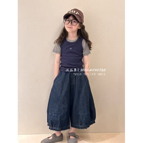 波拉韓女童夏季牛仔褲2025新款兒童薄款哈倫褲子九分中大童花苞褲