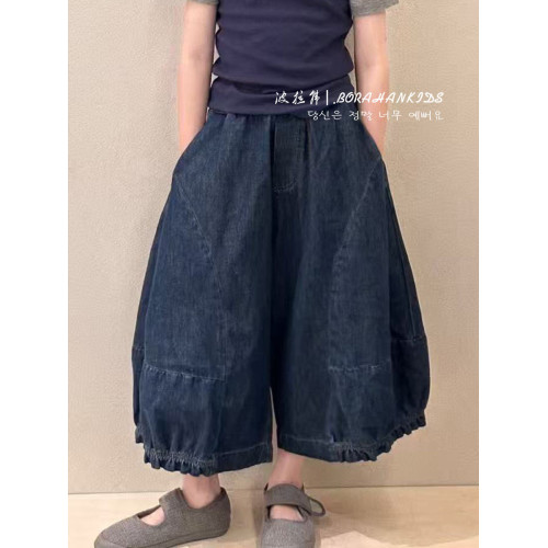 波拉韓女童夏季牛仔褲2025新款兒童薄款哈倫褲子九分中大童花苞褲