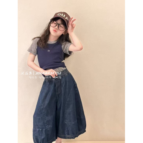 波拉韓女童夏季牛仔褲2025新款兒童薄款哈倫褲子九分中大童花苞褲
