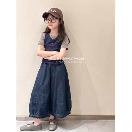 波拉韓女童夏季牛仔褲2025新款兒童薄款哈倫褲子九分中大童花苞褲