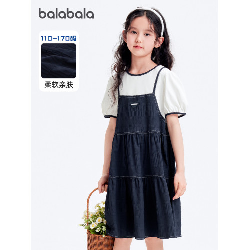 巴拉巴拉女童連衣裙中大童假兩件長裙兒童裙子2025夏裝新款童裝潮