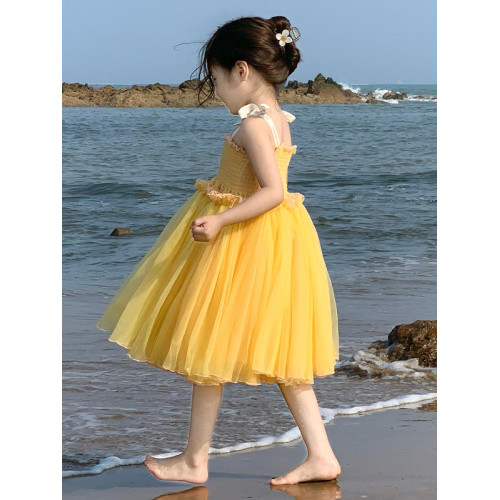 女童超火連衣裙2025新款裙子兒童度假風海邊網紗吊帶裙女孩公主裙