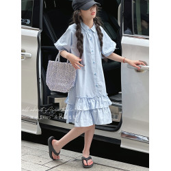 孫小美kids 韓系女童襯衫連衣裙2025新款夏裝兒童泡泡袖裙子A字裙