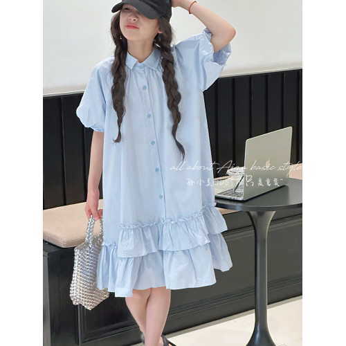 孫小美kids 韓系女童襯衫連衣裙2025新款夏裝兒童泡泡袖裙子A字裙