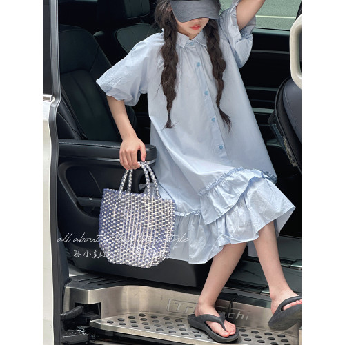 孫小美kids 韓系女童襯衫連衣裙2025新款夏裝兒童泡泡袖裙子A字裙