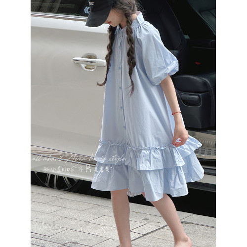 孫小美kids 韓系女童襯衫連衣裙2025新款夏裝兒童泡泡袖裙子A字裙
