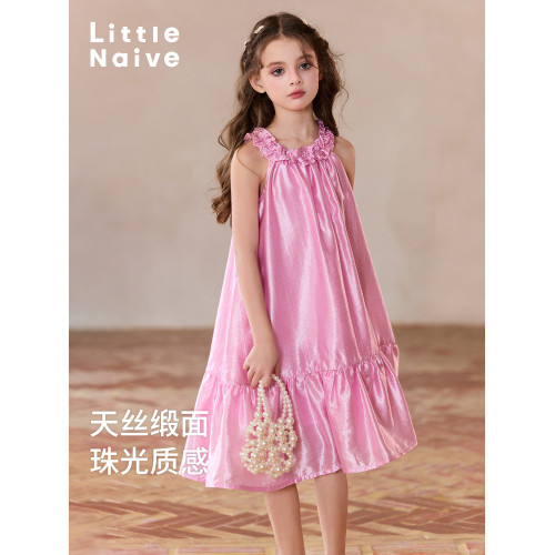 Little Naive兒童連衣裙夏季新款立體花邊背心裙女童萊賽爾裙子