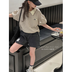 polo領女童條紋短袖T恤2025夏裝新款兒童上衣女大童寬鬆半袖休閒t