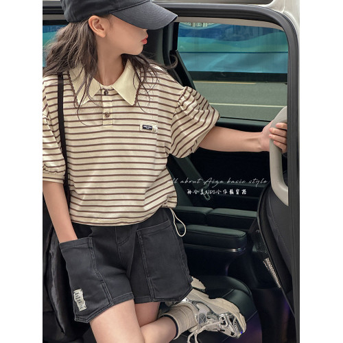 polo領女童條紋短袖T恤2025夏裝新款兒童上衣女大童寬鬆半袖休閒t