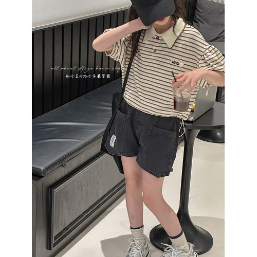 polo領女童條紋短袖T恤2025夏裝新款兒童上衣女大童寬鬆半袖休閒t