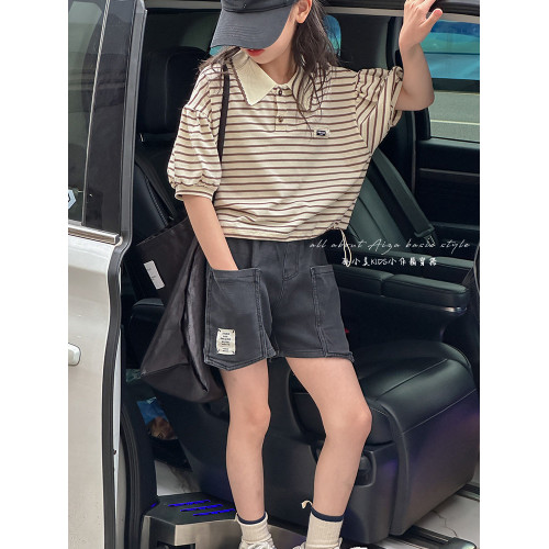polo領女童條紋短袖T恤2025夏裝新款兒童上衣女大童寬鬆半袖休閒t