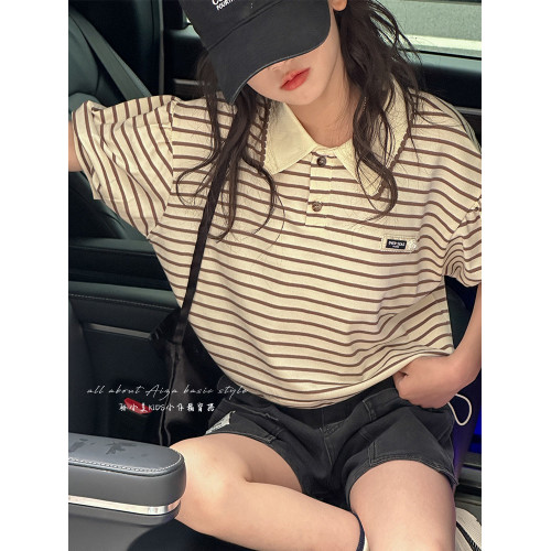 polo領女童條紋短袖T恤2025夏裝新款兒童上衣女大童寬鬆半袖休閒t