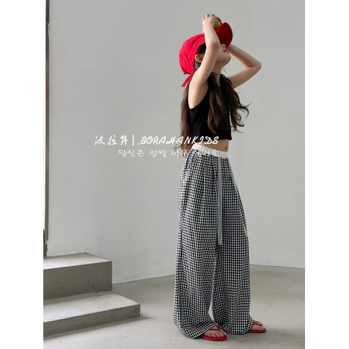 波拉韓女童格子長褲夏季女孩薄款休閒褲2025新款蕾絲中大童防蚊褲