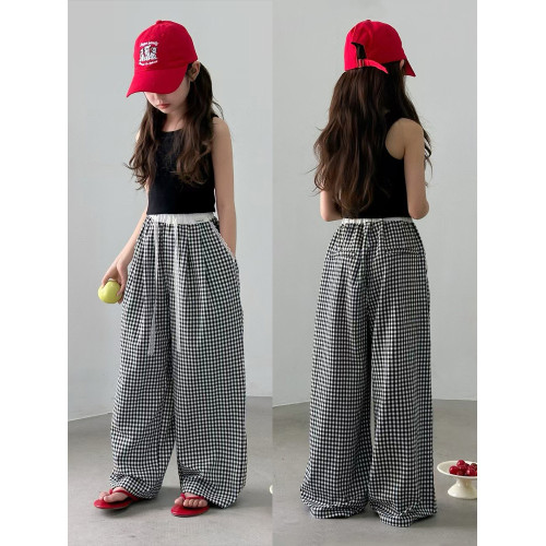 波拉韓女童格子長褲夏季女孩薄款休閒褲2025新款蕾絲中大童防蚊褲