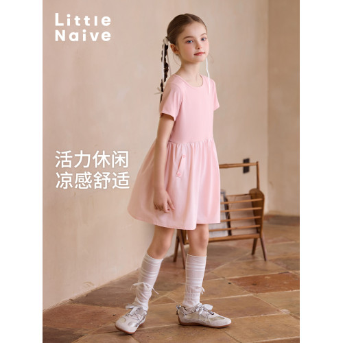 Little Naive女童連衣裙夏季新款圓領A擺拼接裙子兒童涼感短袖裙