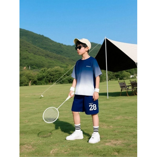 安哼安哼男童外穿夏裝新款速乾套裝中大童夏季學生兩件套短袖漸變