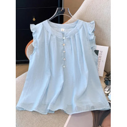 2025新款夏季女童中大童兒童襯衣娃娃衫雪紡洋氣短袖襯衫薄款上衣