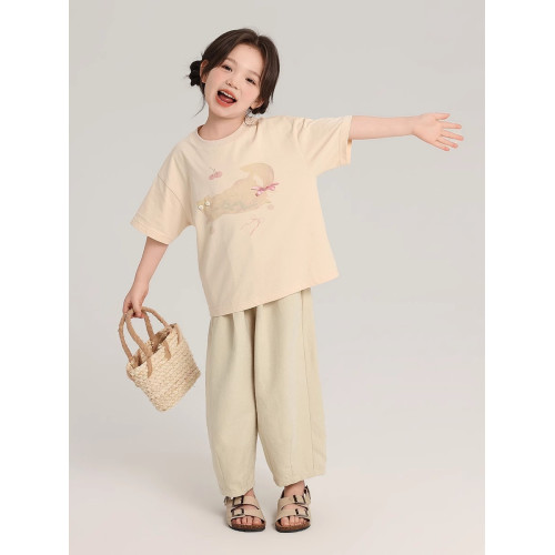 布丁哈魯童裝夏裝女童純棉T恤2026夏季新款兒童洋氣百搭卡通短袖