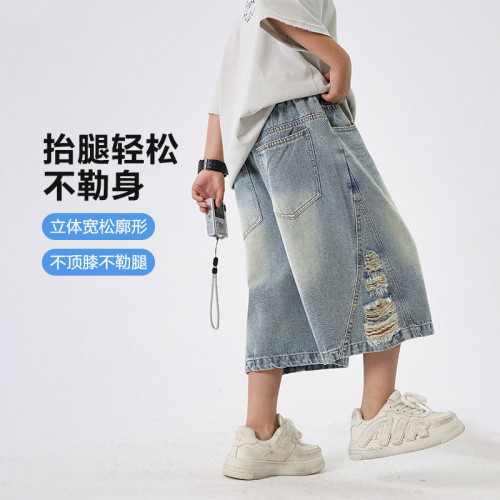 男童夏季韓範破洞七分牛仔短褲2025新款兒童夏裝寬松薄款直筒